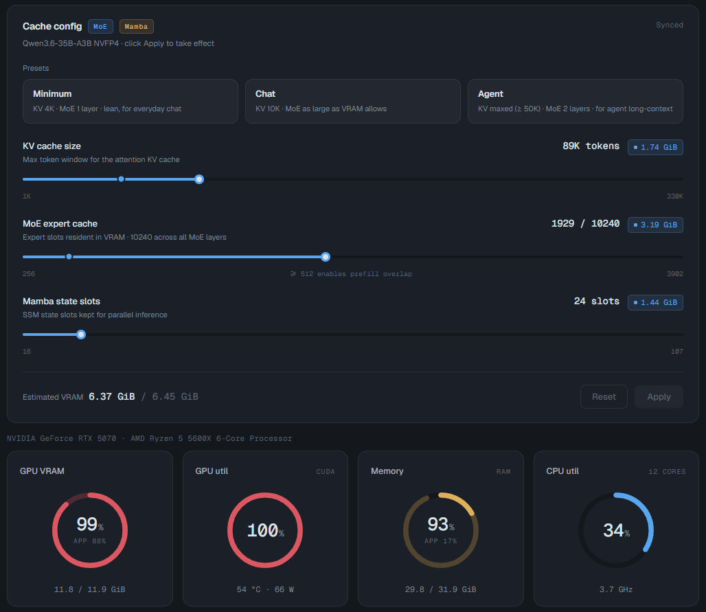 FreeToken cache configuration for Qwen3.6-35B-A3B on one RTX 5070 node.